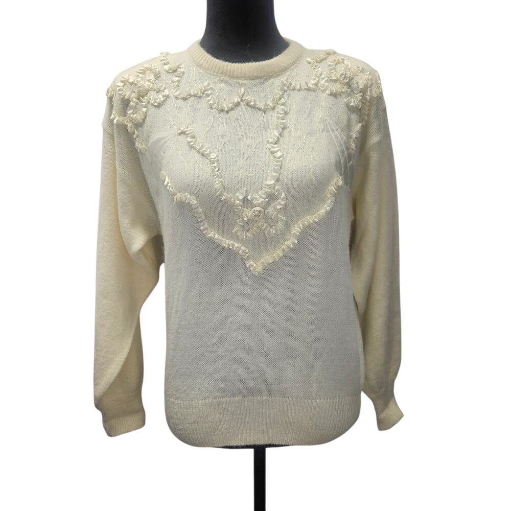Vintage Embellished Knit Sweater Beaded Detail Off White Medium Granny 80's